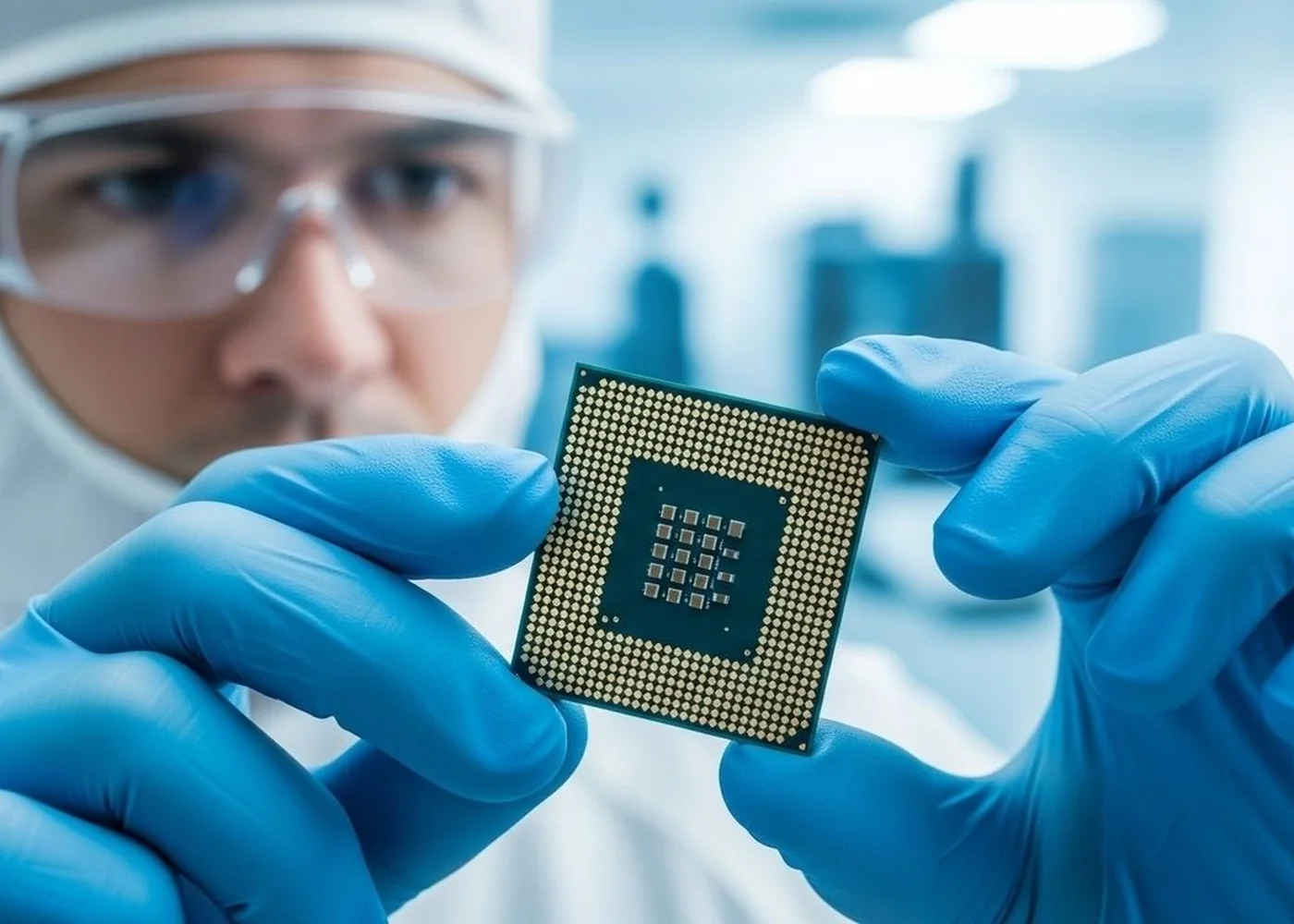 Semiconductor professional examining an integrated circuit